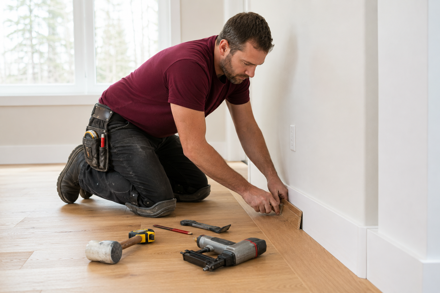 Craftsperson fitting natural wood flooring
